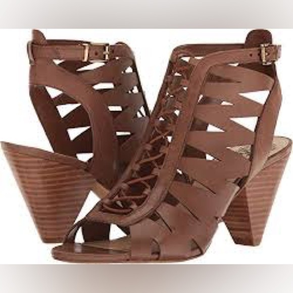Vince Camuto Elettra peep toe cone heels brown leather women’s size 10 - Picture 1 of 10